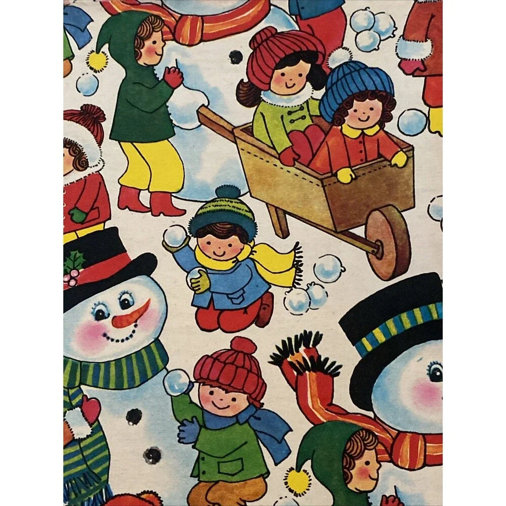 Vintage Christmas Gift Wrapping Paper Sheet CHILDREN WINTER SNOW SCENE SNOWMAN